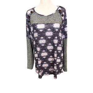 Simply Southern Blue and Grey Long Sleeve Blouse Relaxed Fit